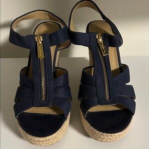 Michael Michael Kors Navy Wedge Sandals with Gold Zipper